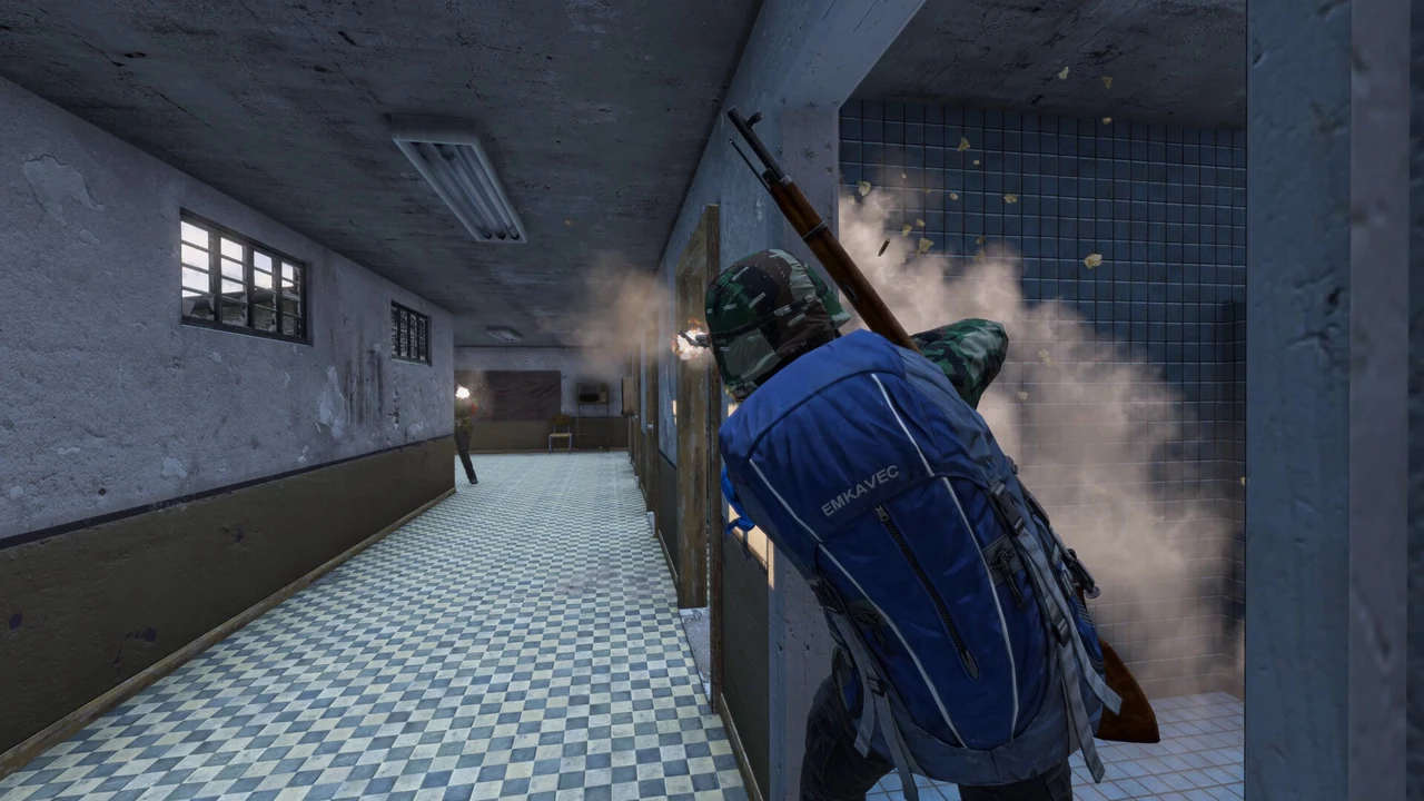 Survivor firing a rifle around a tiled corridor corner with muzzle flash and wall debris