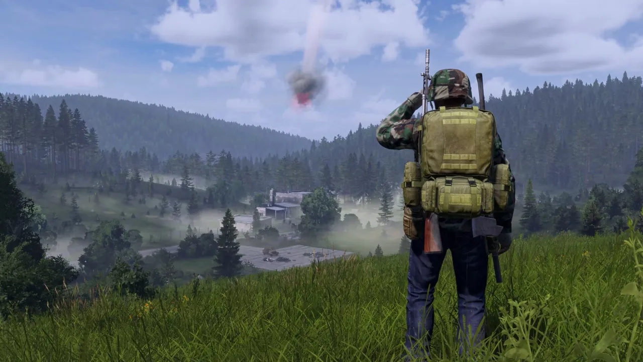 Chernarus survivor on a grassy ridge watching red signal smoke drift over a misty forested valley