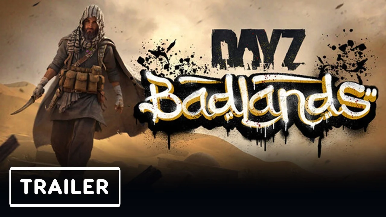 Cloaked survivor with curved blade standing in DayZ Badlands key art