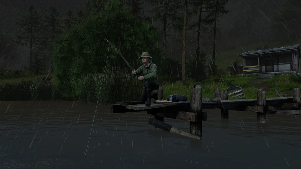 Survivor fishing from a wooden dock on a rainy lake beside a lakeside cabin